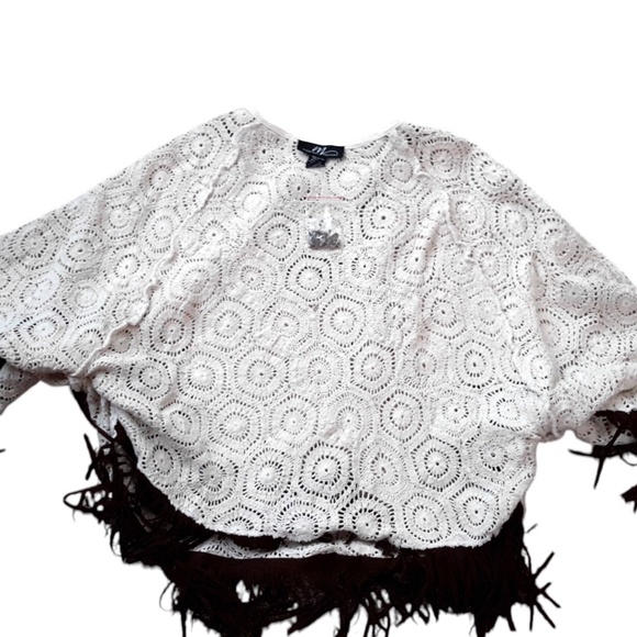 Ivory Crochet Beaded Fringe Poncho Top - Picture 9 of 10